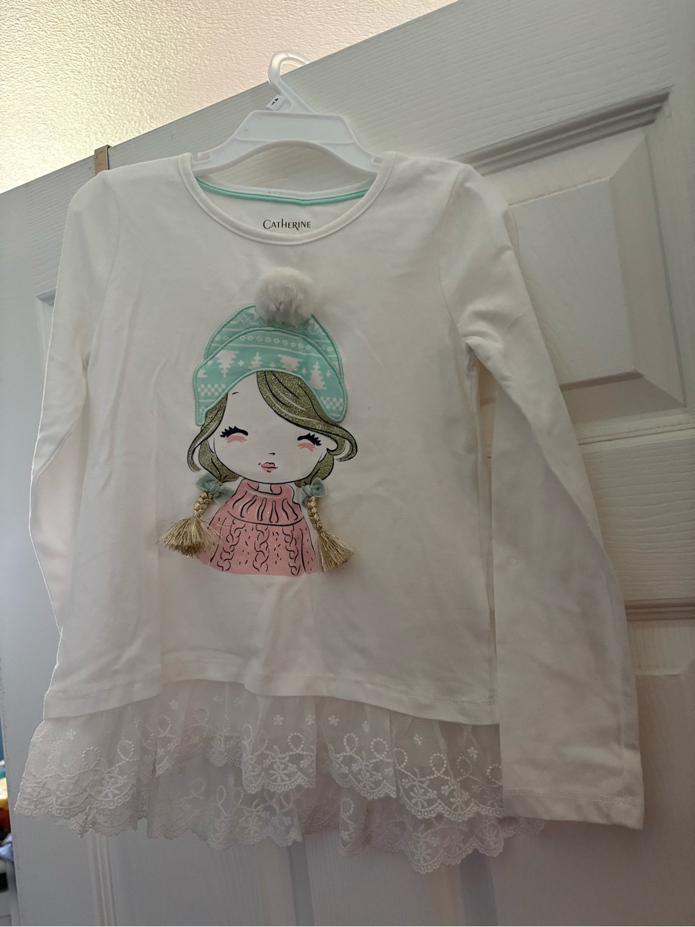 Catherine Malandrino White Girls Long-Sleeve Top with Mint Hat Graphic